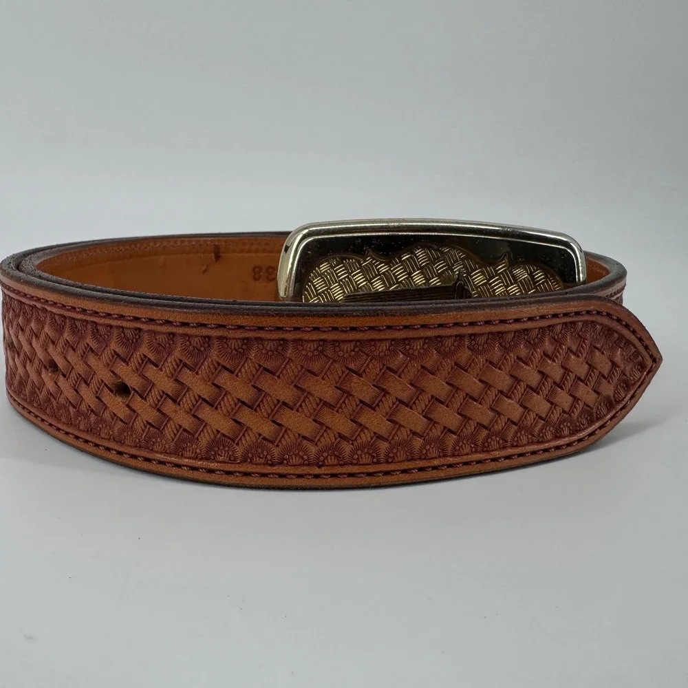Tom Taylor Mens Brown Tooled Leather Belt Size 38 Silver Gold Semi Truck Buckle